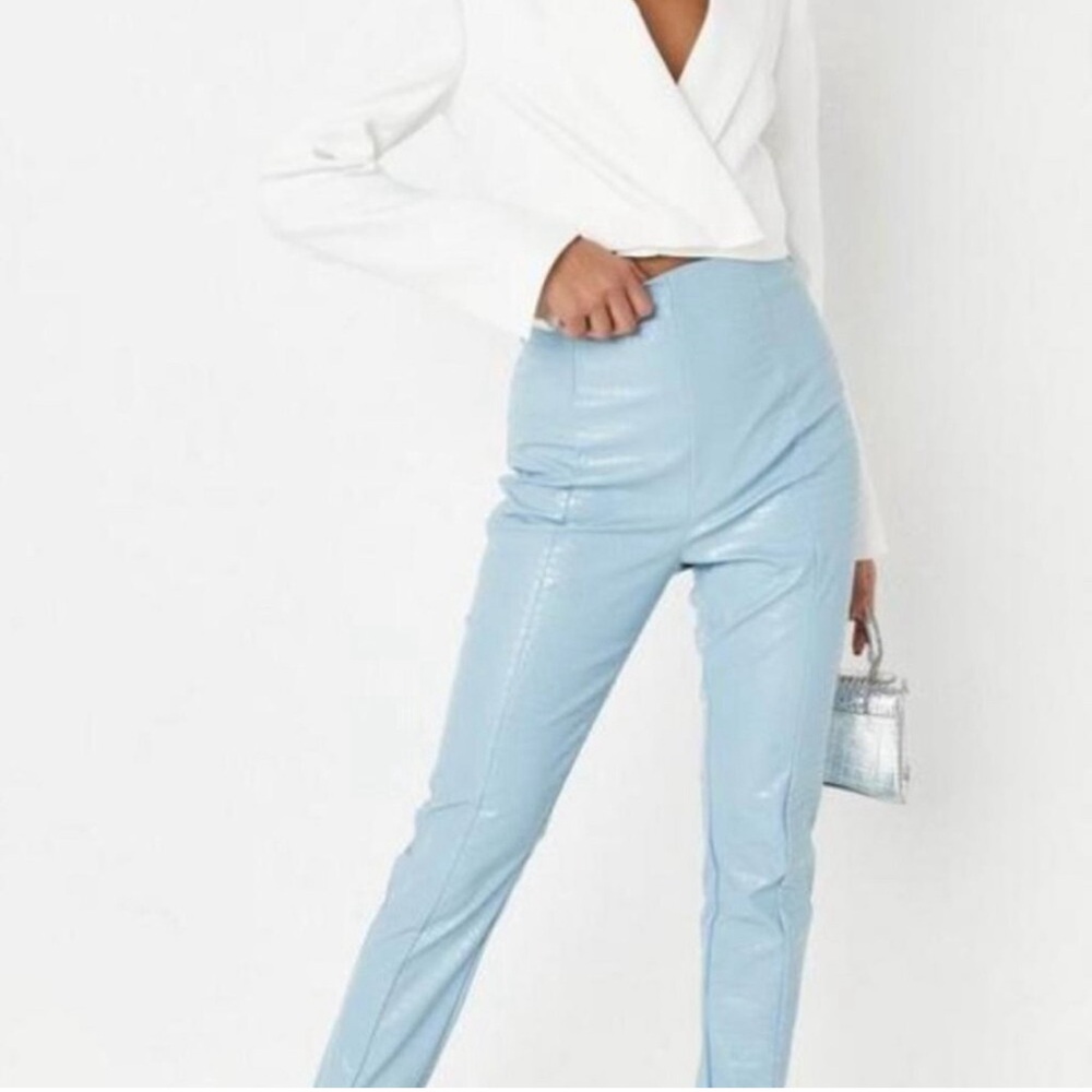 Missguided Light Blue Faux Leather Snakeskin High Waist Pants Size 4